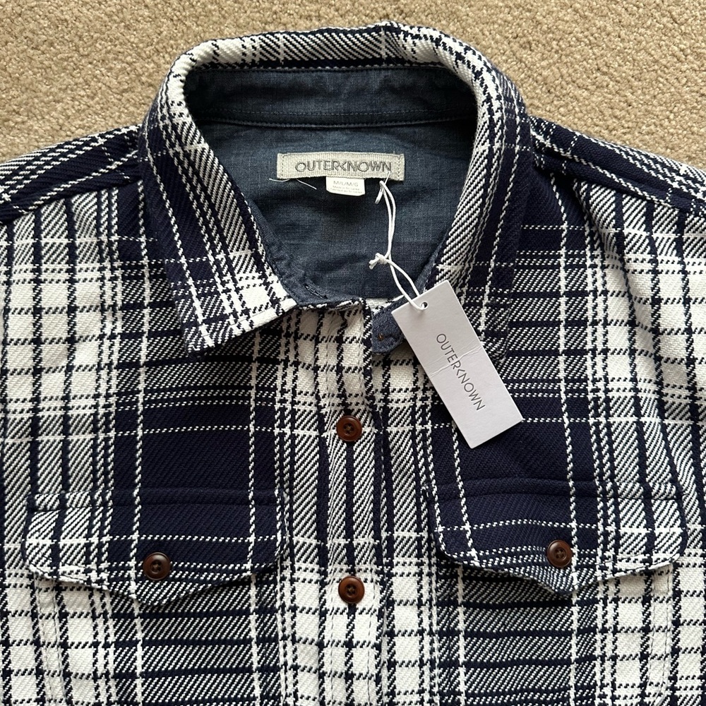 Outerknown Blanket Shirt Women’s M/L Navy Plaid Organic Cotton Button-Up NWT